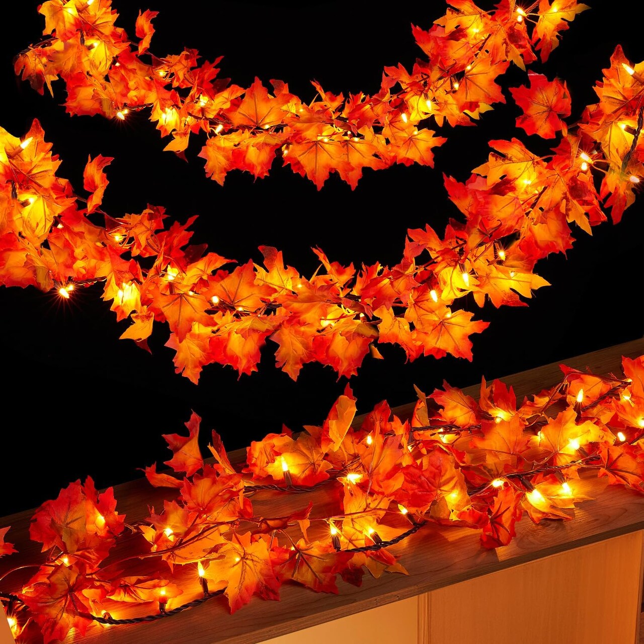 Fall Decorations for Home 9FT Plug in Thanksgiving Lights Lighted Fall Garland 50 Bulbs Maple Leaves Lights